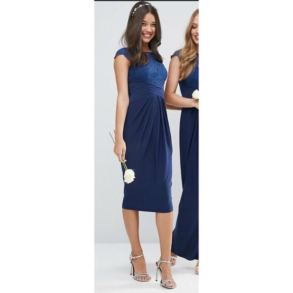 ASOS Lace Bodice The Perfect Wedding Guest Dress Women’s 2 Midi Navy Blue Prom - Picture 1 of 15